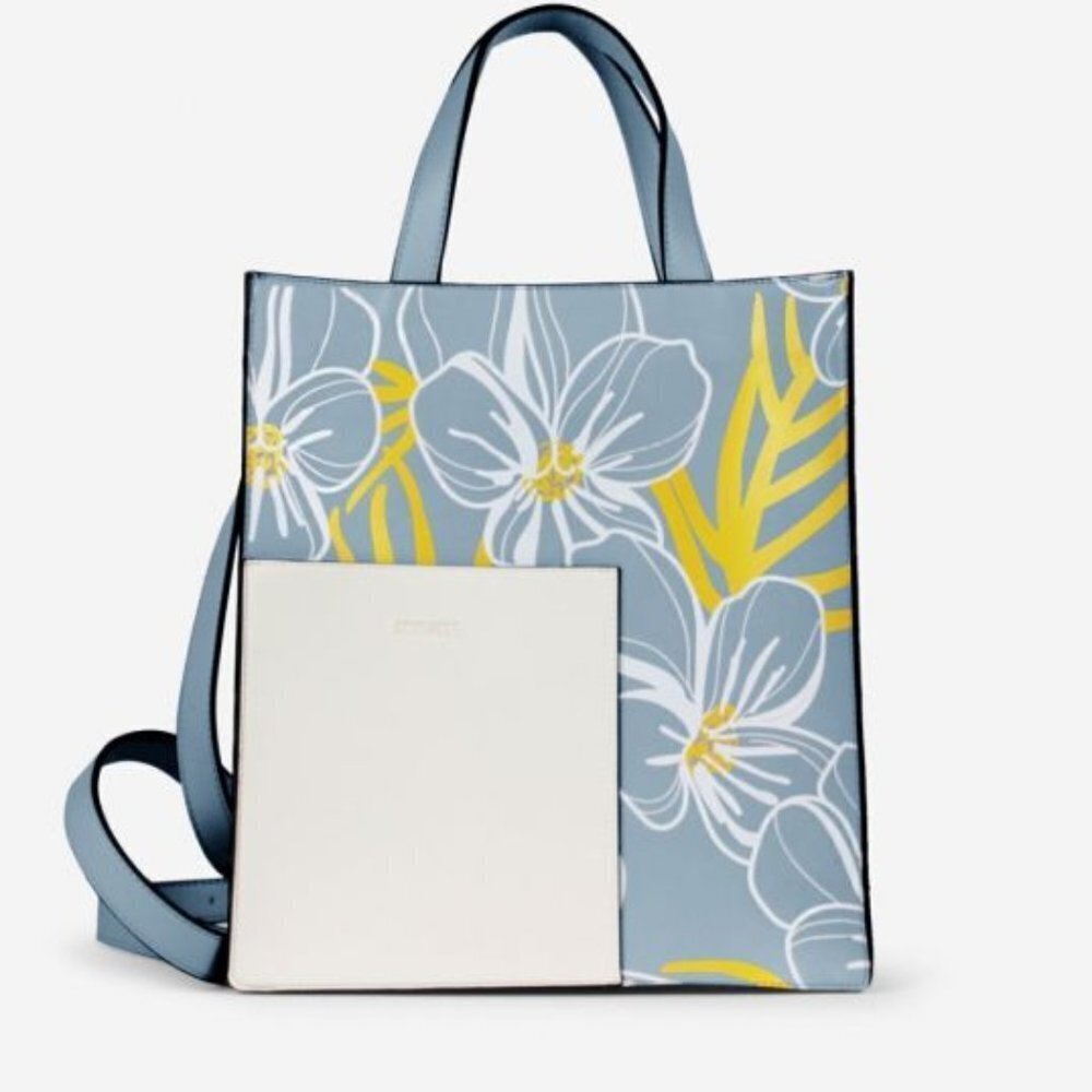 Vegan Leather Blue Floral Tote Bag, Laptop Shoulder Purse 🆕